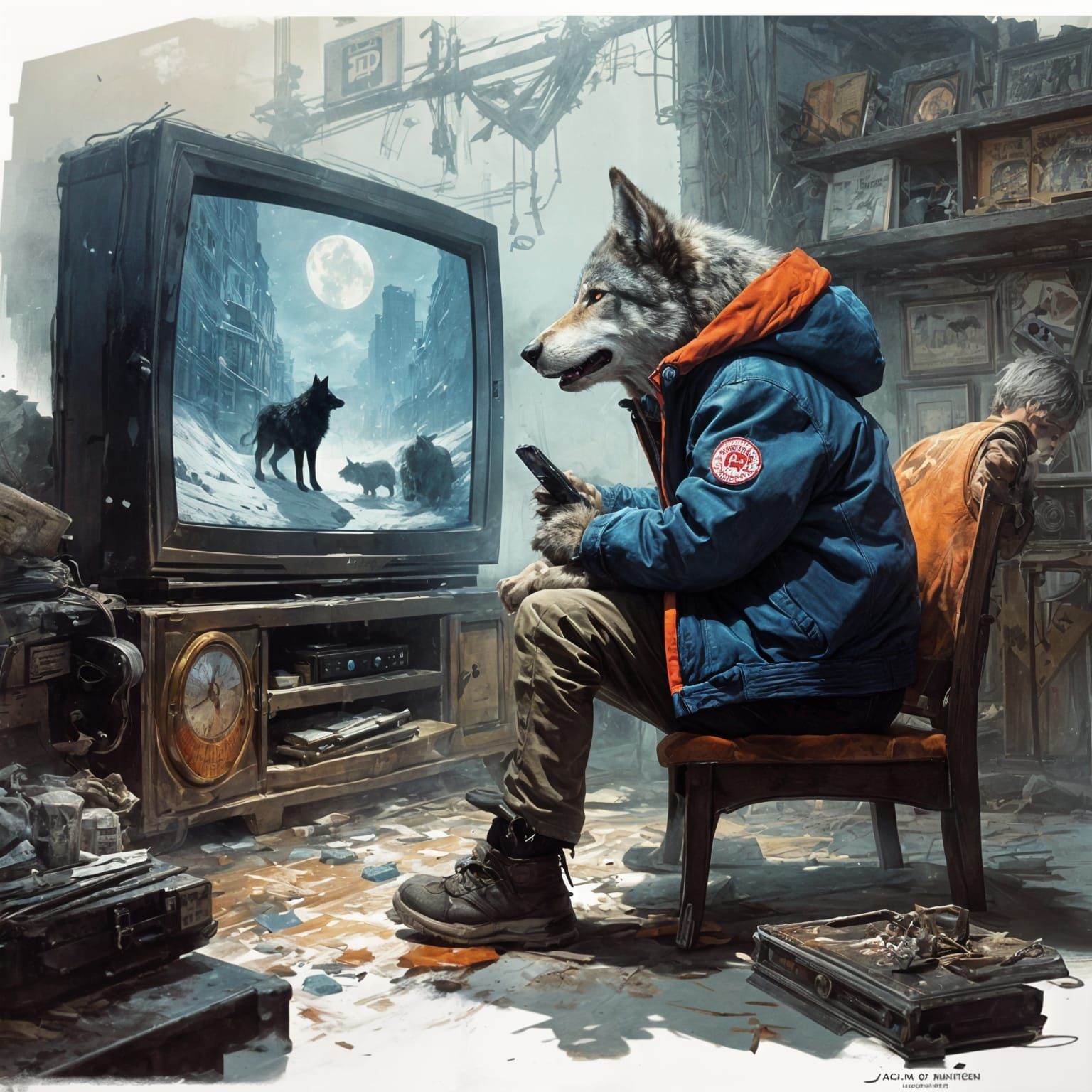 Wolf Howling at TV in Fantasy Art Style