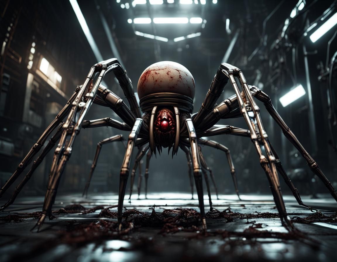 Cybernetic Horror: Bio-Mechanical Spider in Industrial Setti...