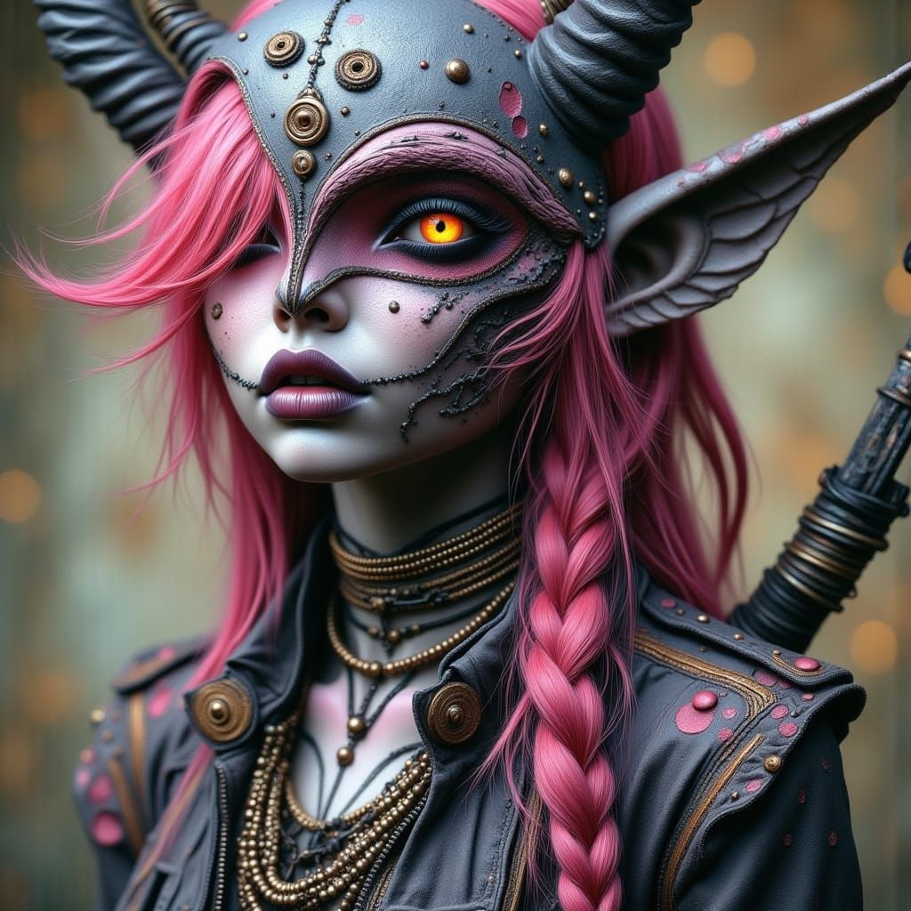 Muscular Punk Rock Goblin Girl with Pink Eyes