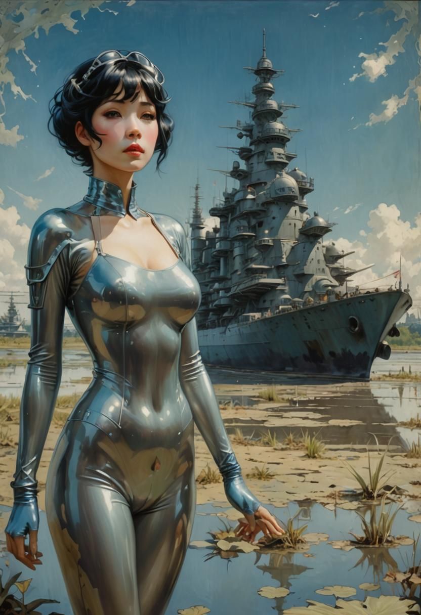 Woman in Latex Suit on Beach, Art Nouveau Style