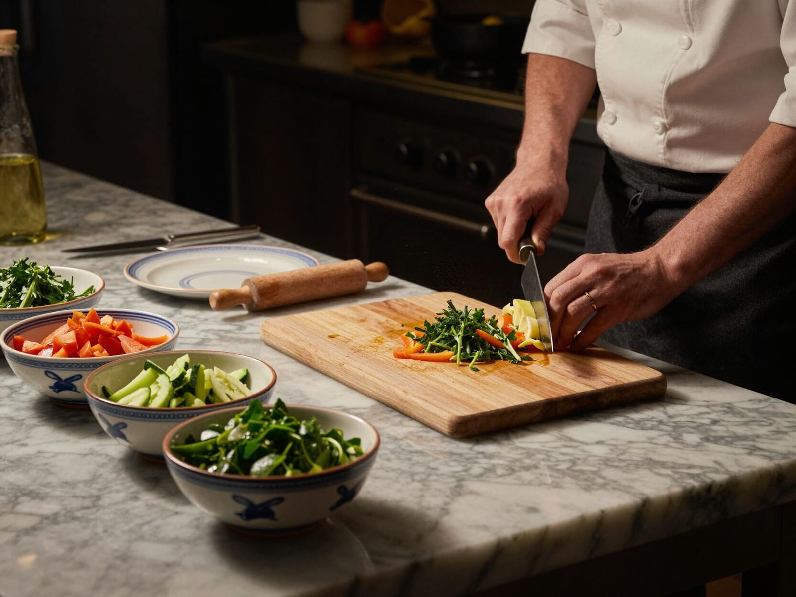 Chef's Station in Chaotic High-End Kitchen