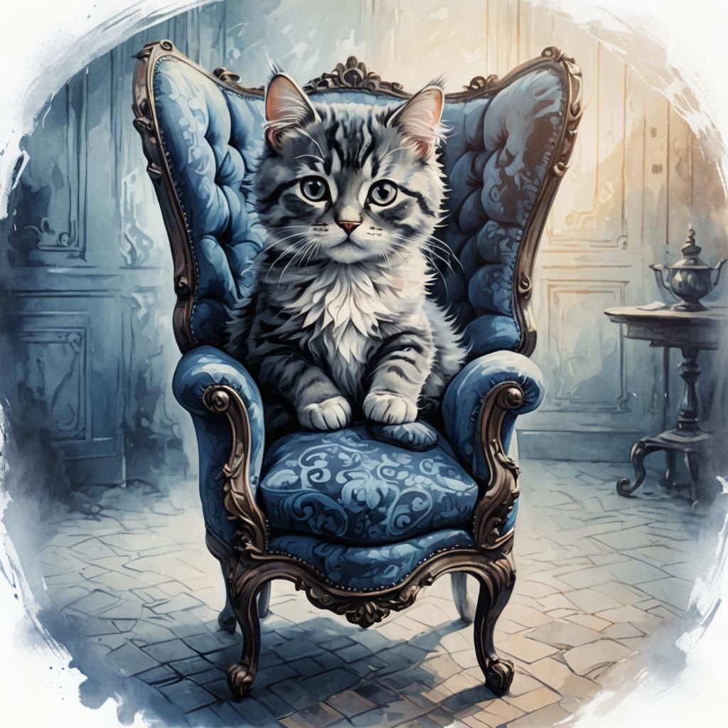 Kitty in Ominous Room: Dark Fantasy Impressionism