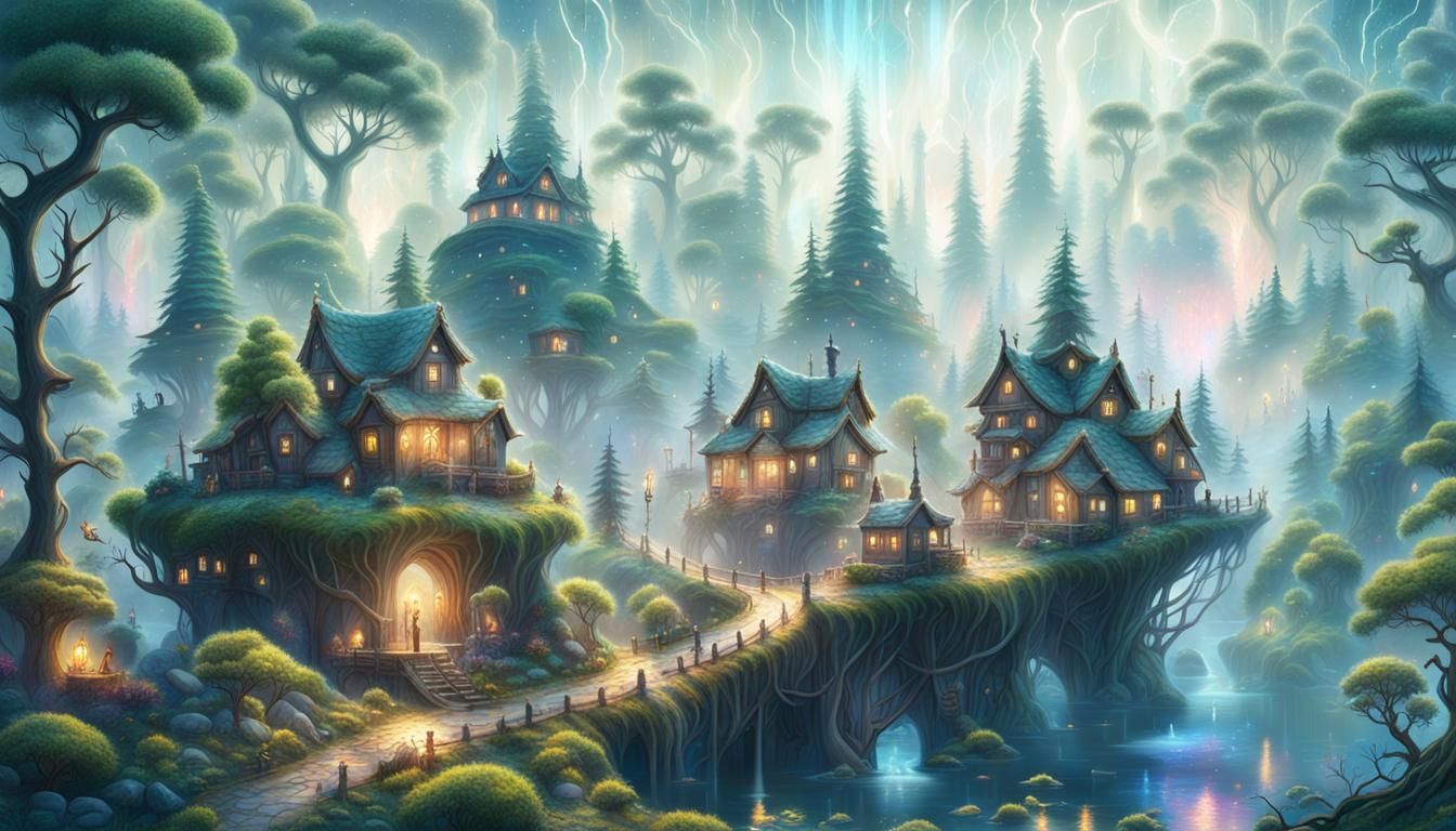 Ethereal Forest Village on River Dam, Astral Illustration