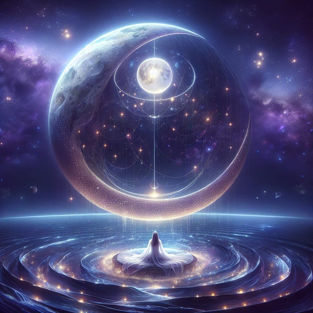 Planet in Clam with Moon Figure in Galaxy