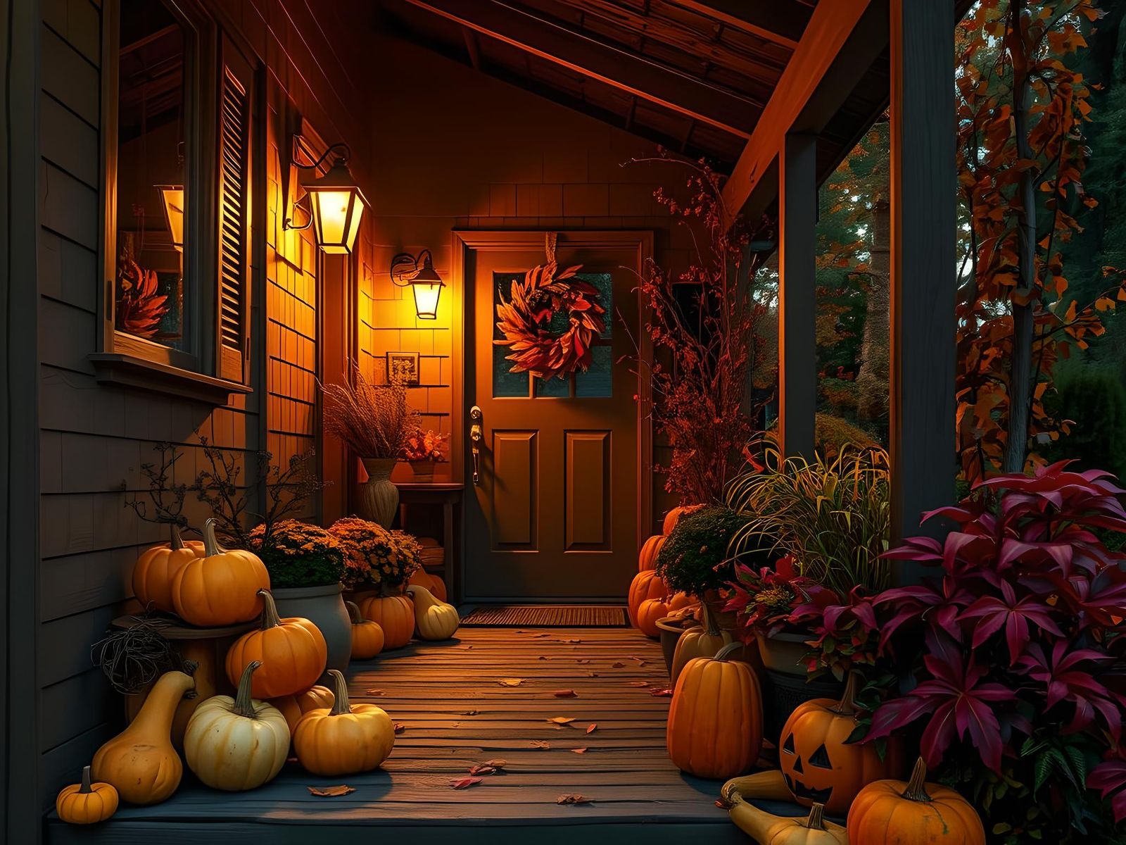 Halloween Gourds on Autumn Porch at Evening