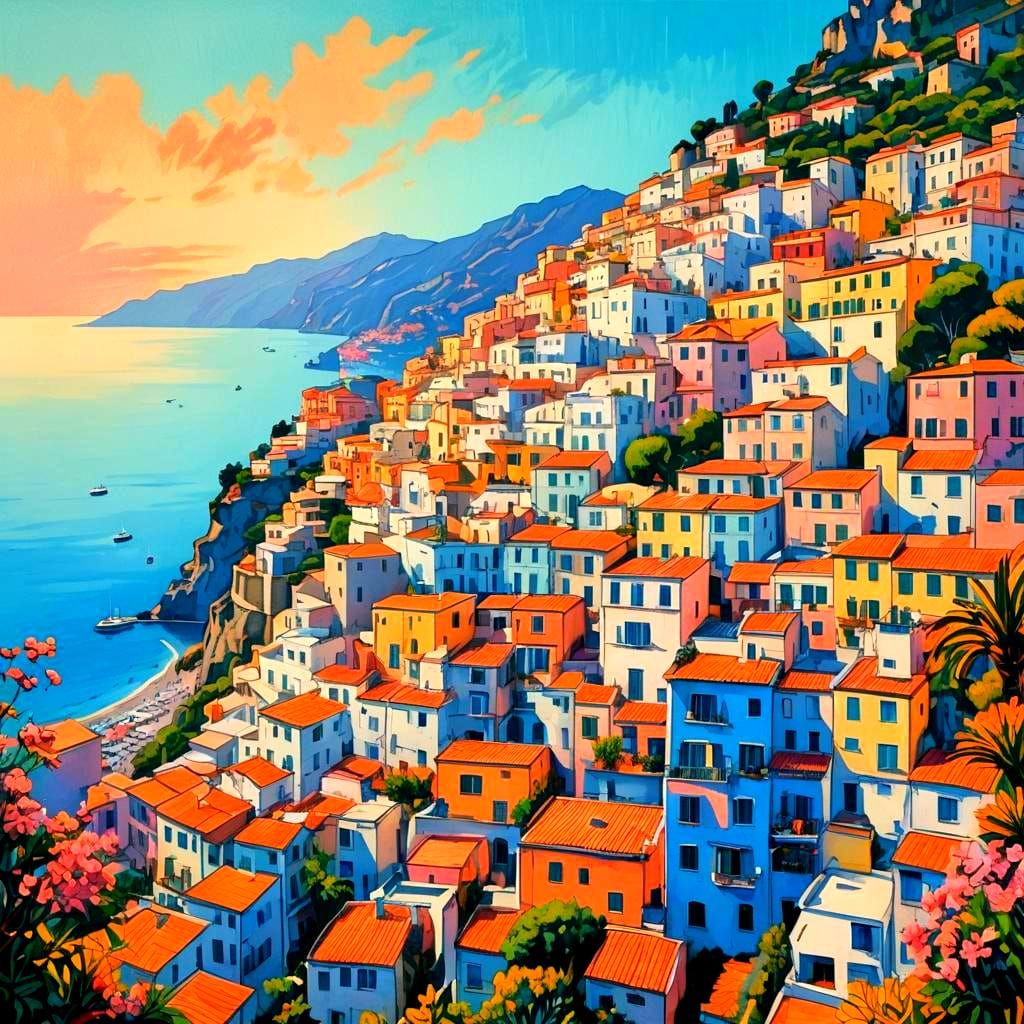 Amalfi Coast Town in Warhol-esque Pastel Drawing