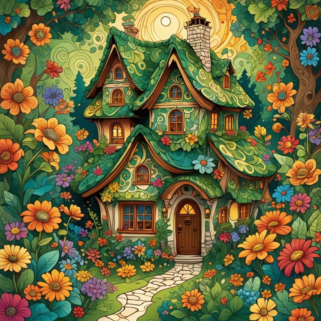 Cozy Birthday Cottage in Abstract Vector Fractal Art
