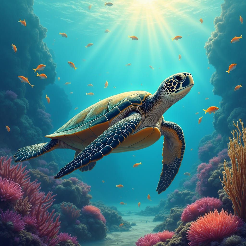 Whimsical Sea Turtle in a Vibrant Red Sea Reef, New Year's E...
