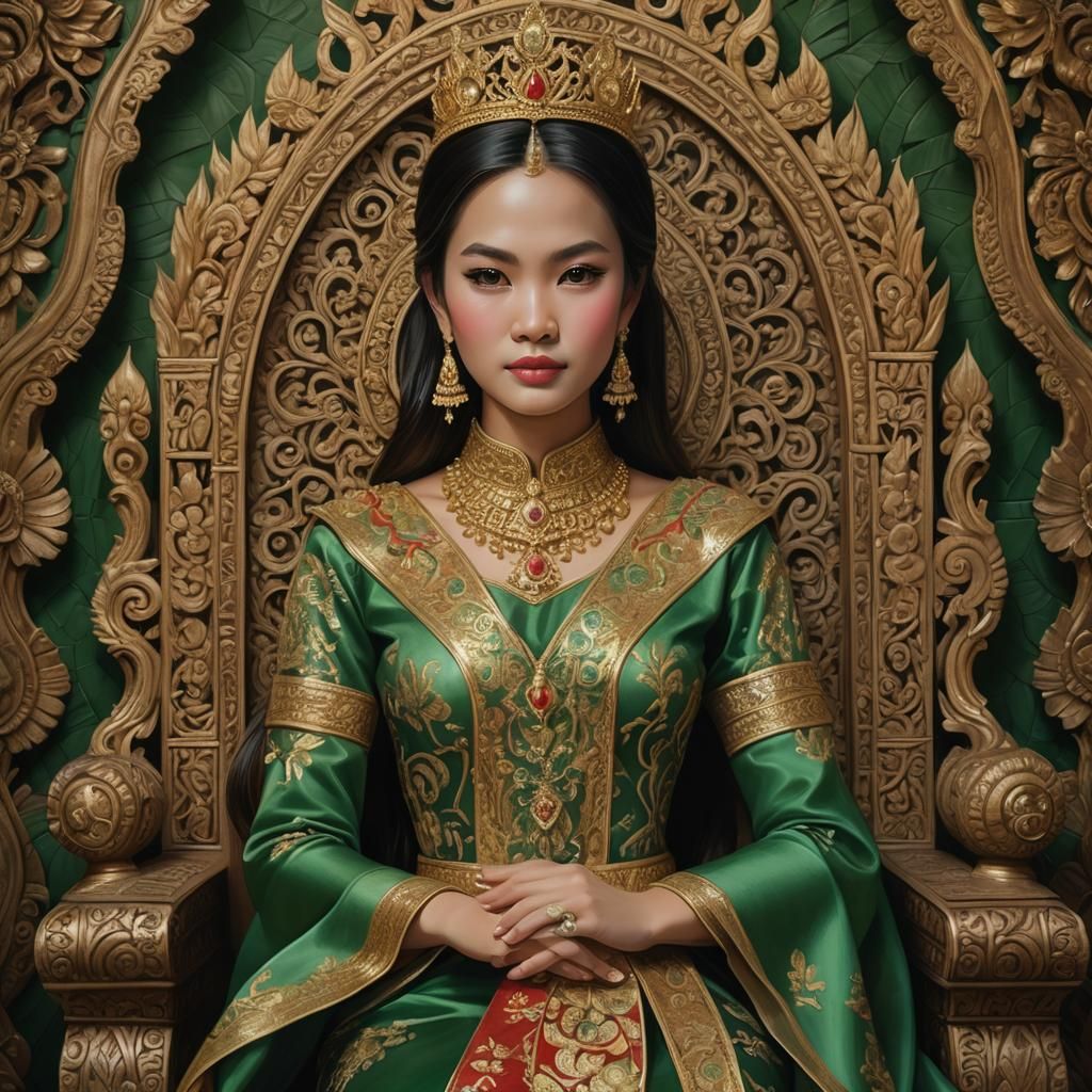 Thai Princess on Ornate Throne in Emerald and Crimson