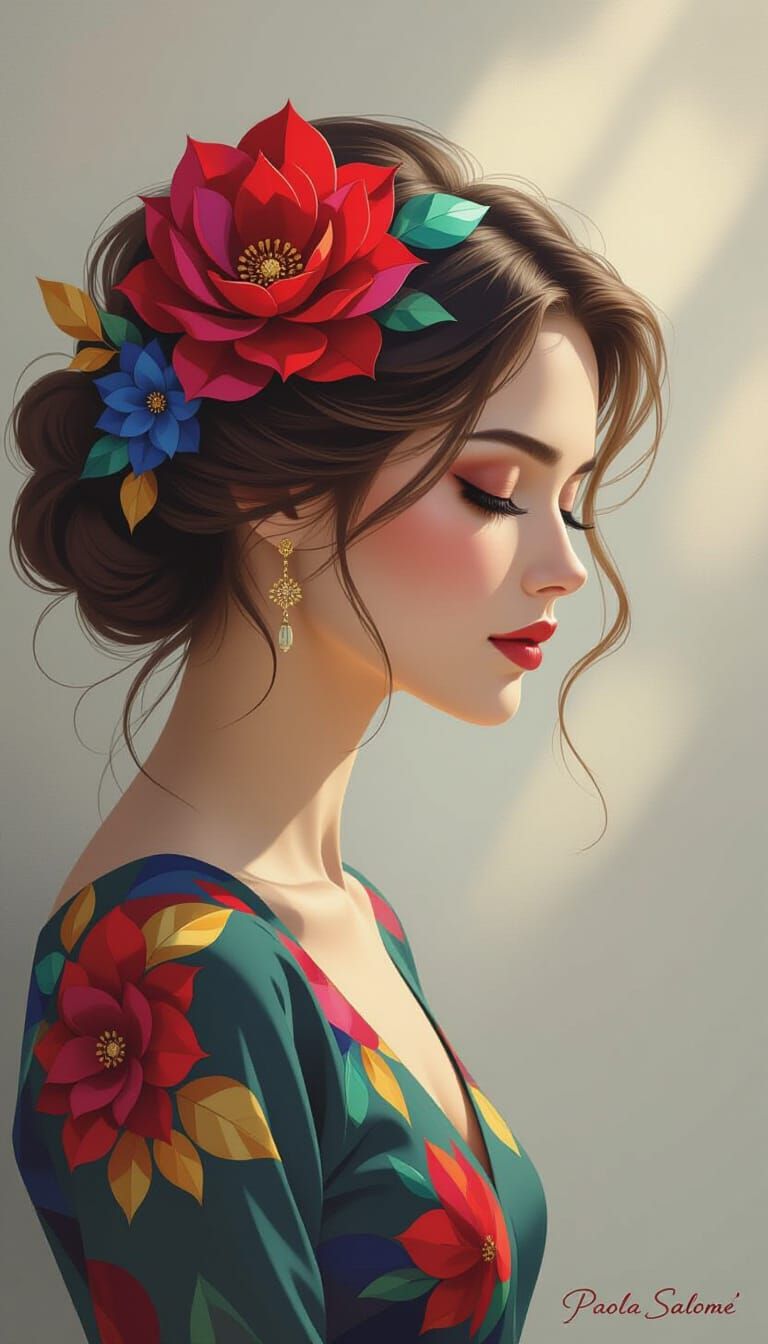 Woman's Profile in Petals, Dreamlike Mosaic Art