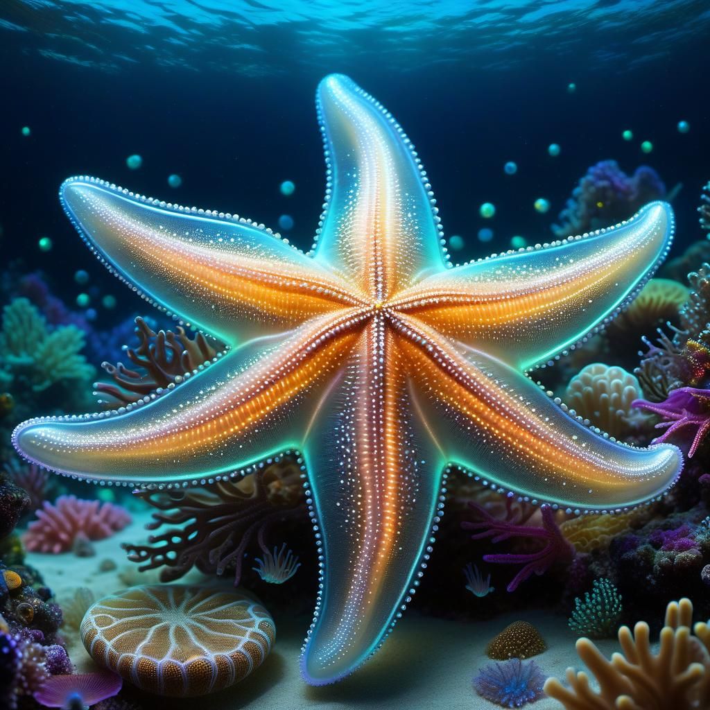 Bioluminescent Starfish in a Magical Underwater Scene