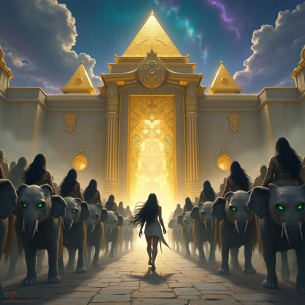 Surreal Golden Gates of Shamballa in Cosmic Indigo Skies