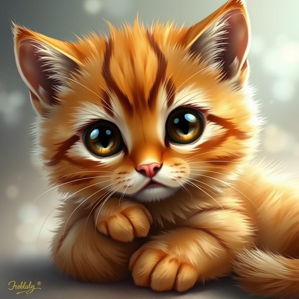 Whimsical Digital Kitten in Golden Orange Coat with Ethereal...