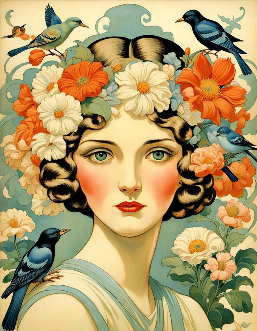Art Nouveau Woman with Flowers, Birds, and Cats