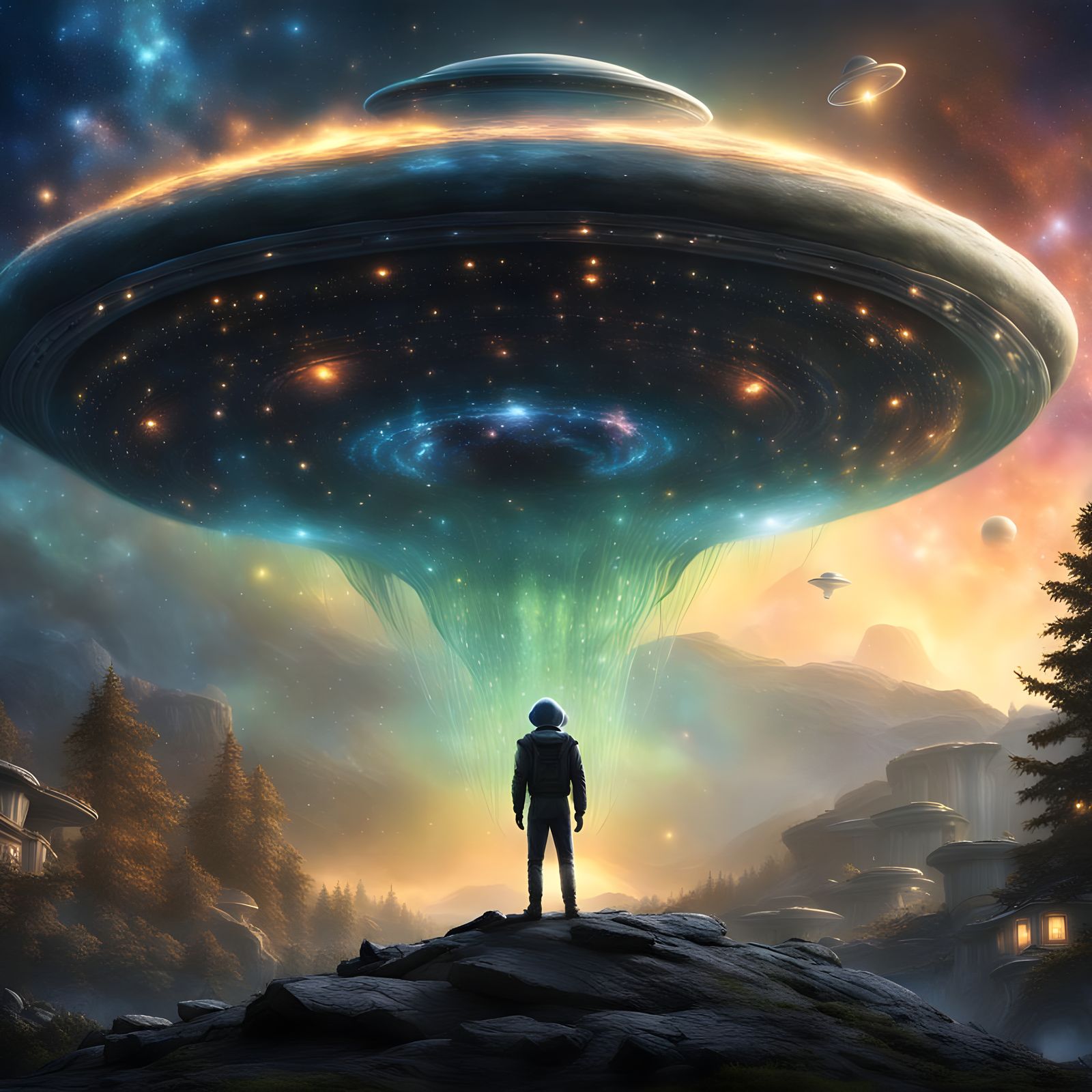 Hyperrealistic UFO with Starry Night Sky