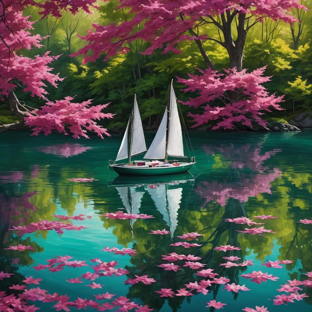 Emerald Lake Sailboat with Magenta Maple Leaves