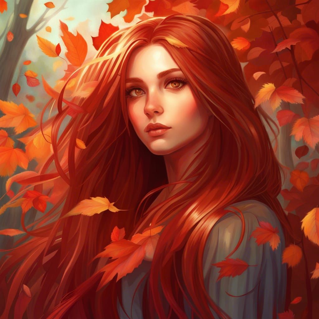 Girl with Autumn Leaf Hair, Digital Art