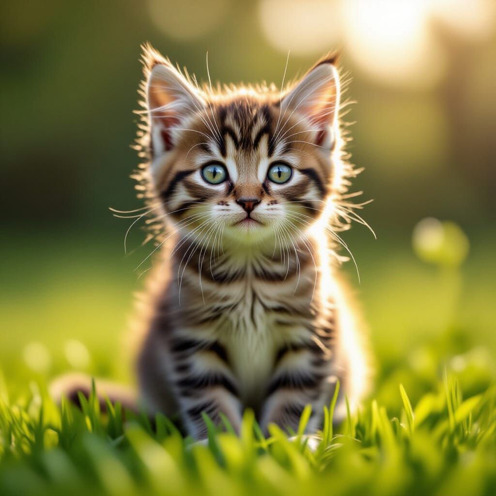 British Kitten in Sunlight on Grass