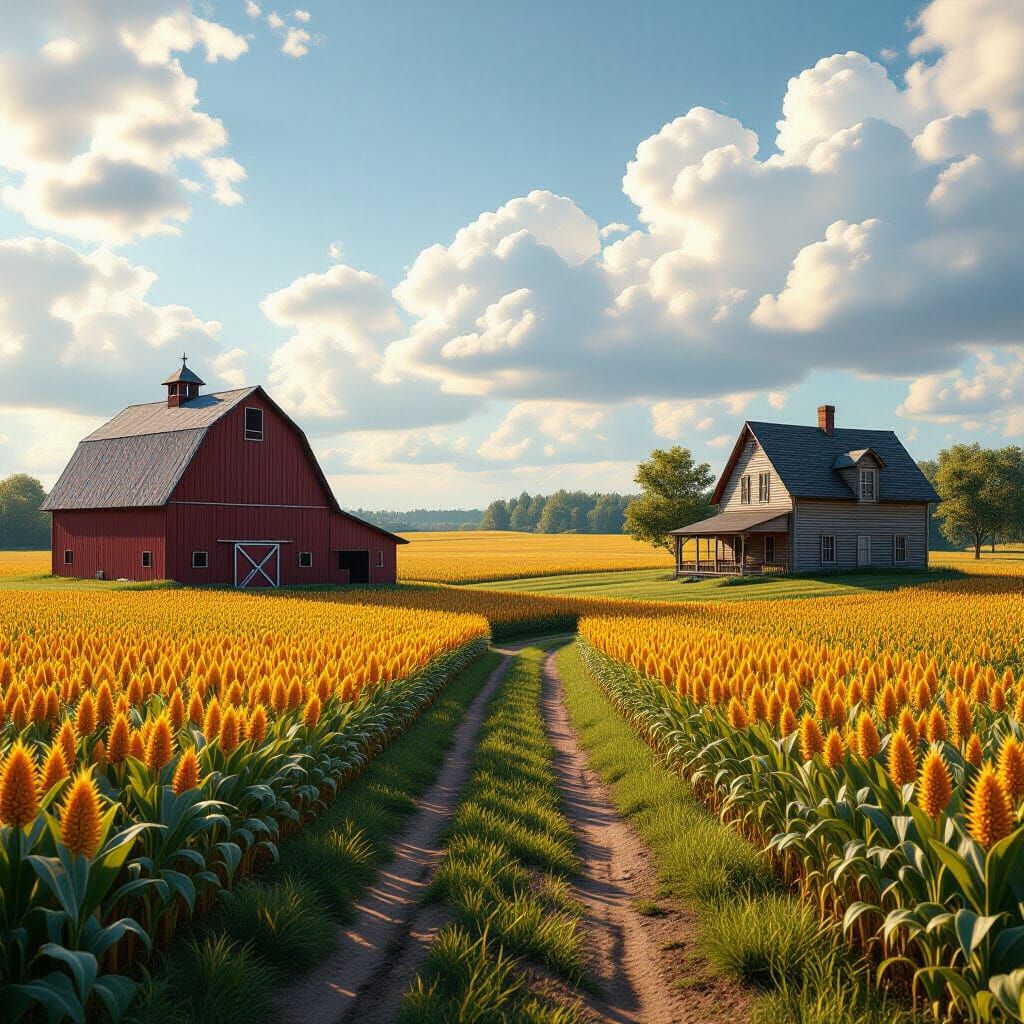 Fantastical Farm Scene with Barn and Cornfield
