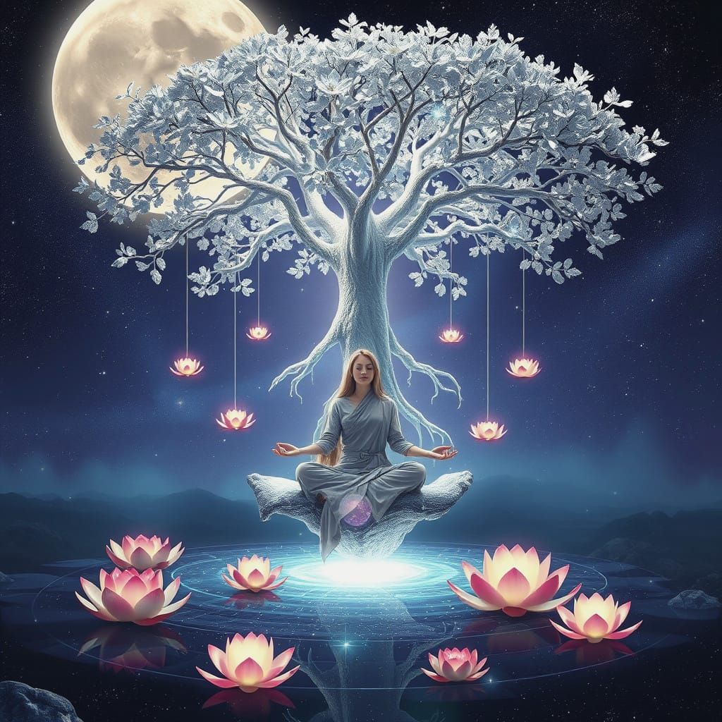 Meditating Woman in Floating Celestial Garden