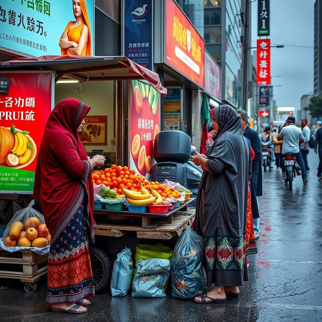 A group of Women, stops at a makeshift street food stall selling freshly picked  fruits. Rain slicks the pavement, refle...