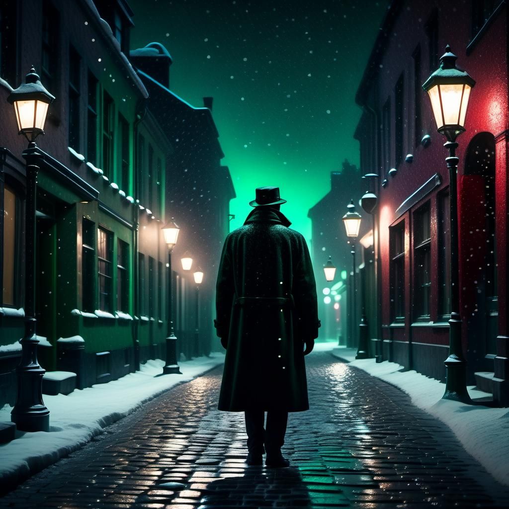 Lonely Figure in Snowy Christmas Night Scene