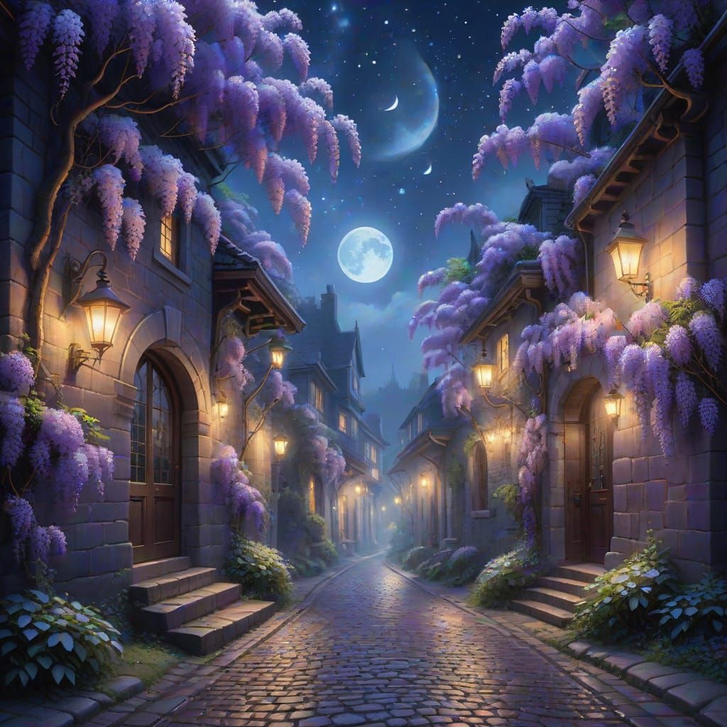 Moonlit Wisteria Street with Fireflies in Thomas Kinkade Sty...