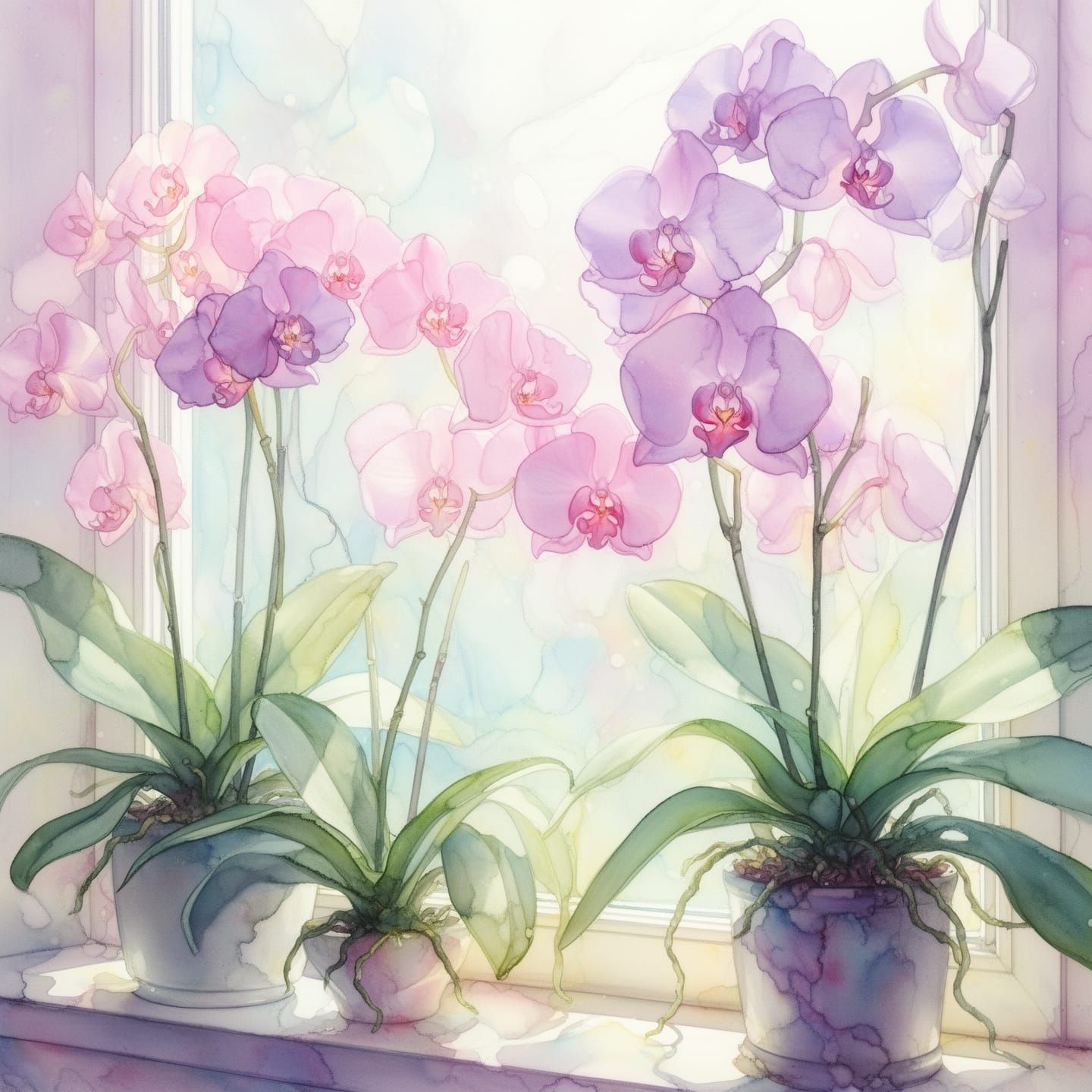 Pastel Orchid Window Art in Alcohol Ink Style