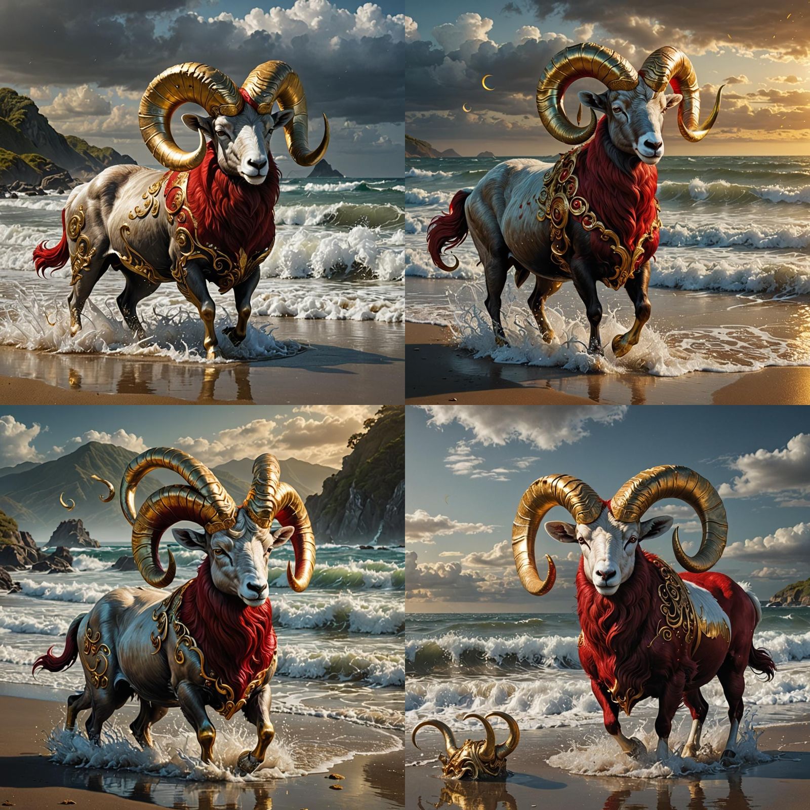 Rams with Golden Horns on a Beach