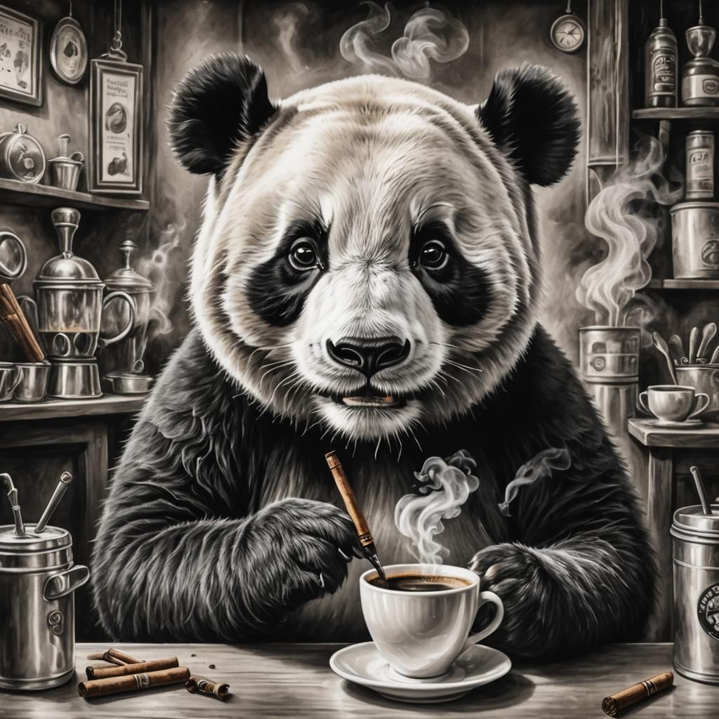 Panda Bear Enjoying Coffee in Charcoal Drawing