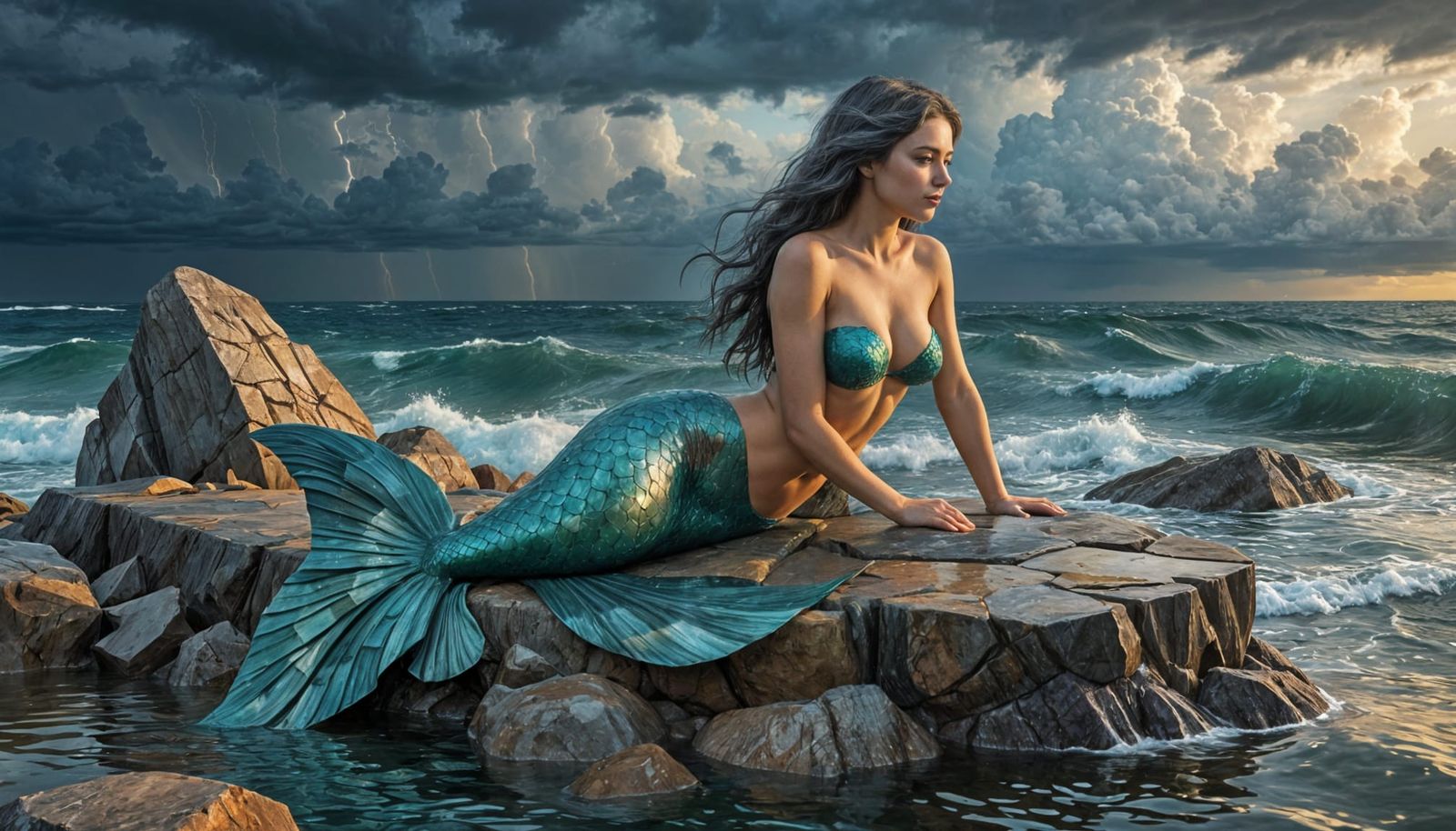 Cubist Mermaid on Serene Island Under Stormy Skies