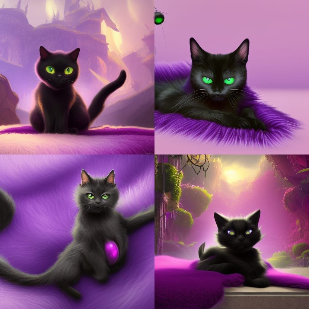 Black Cat with Green Eyes on Purple Blanket