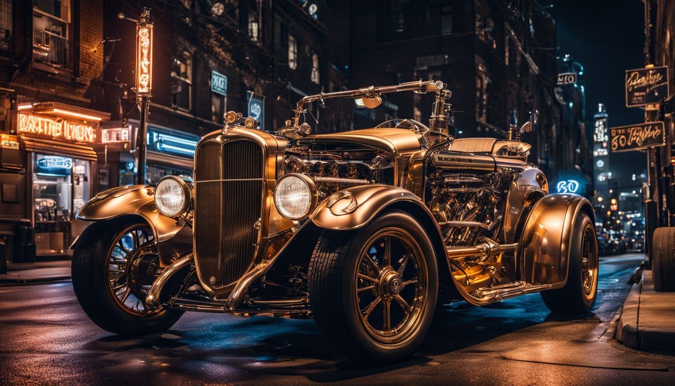 Steampunk Brass Hot Rod Convertible Under City Lights