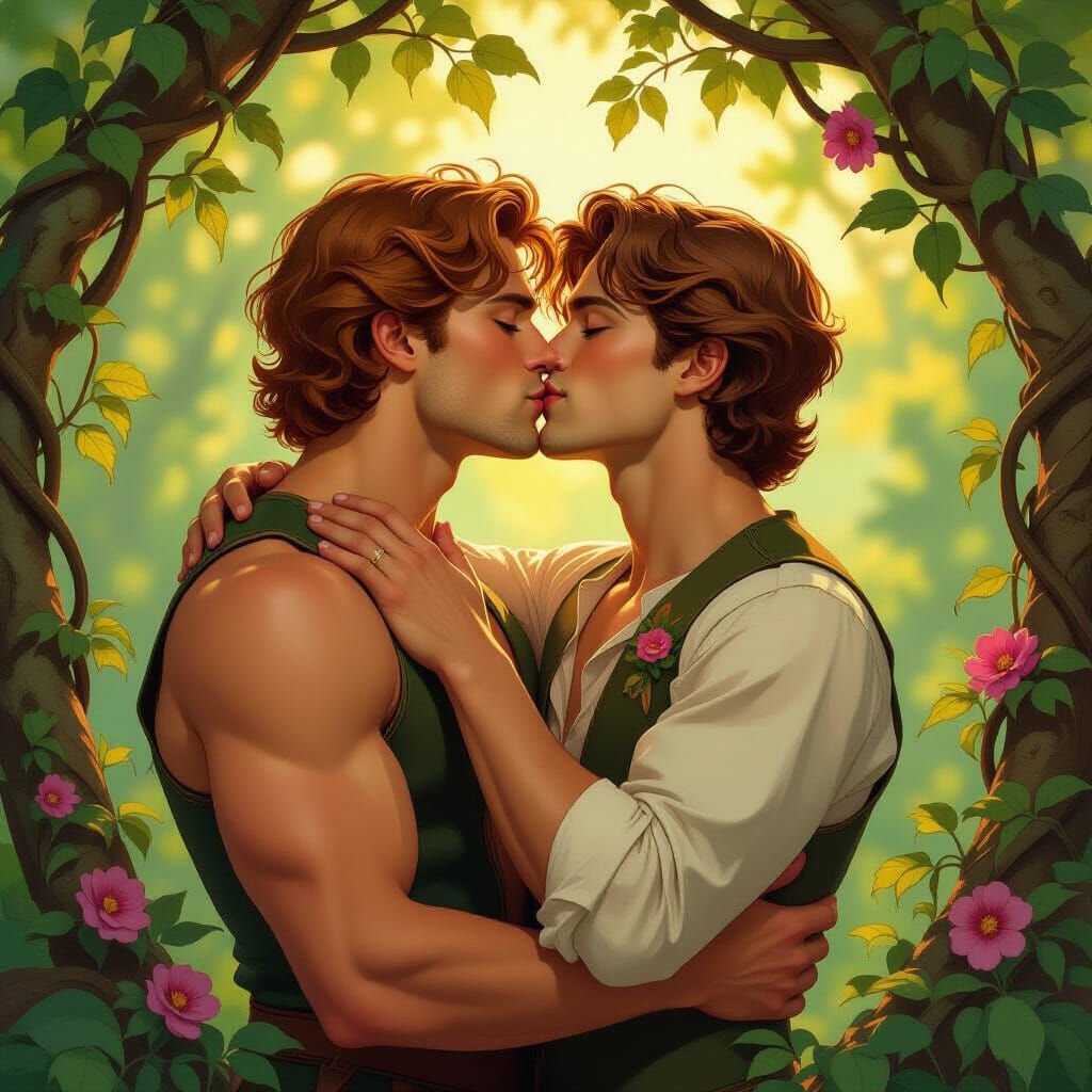 Romantic Forest Kiss in Art Nouveau Style