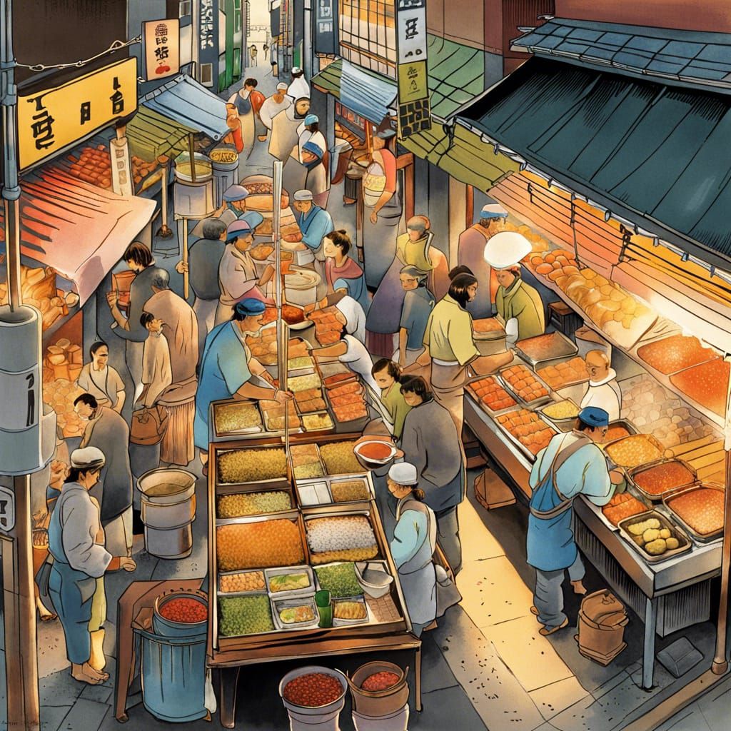 Japanese Street Food Illustration in Gouache Style
