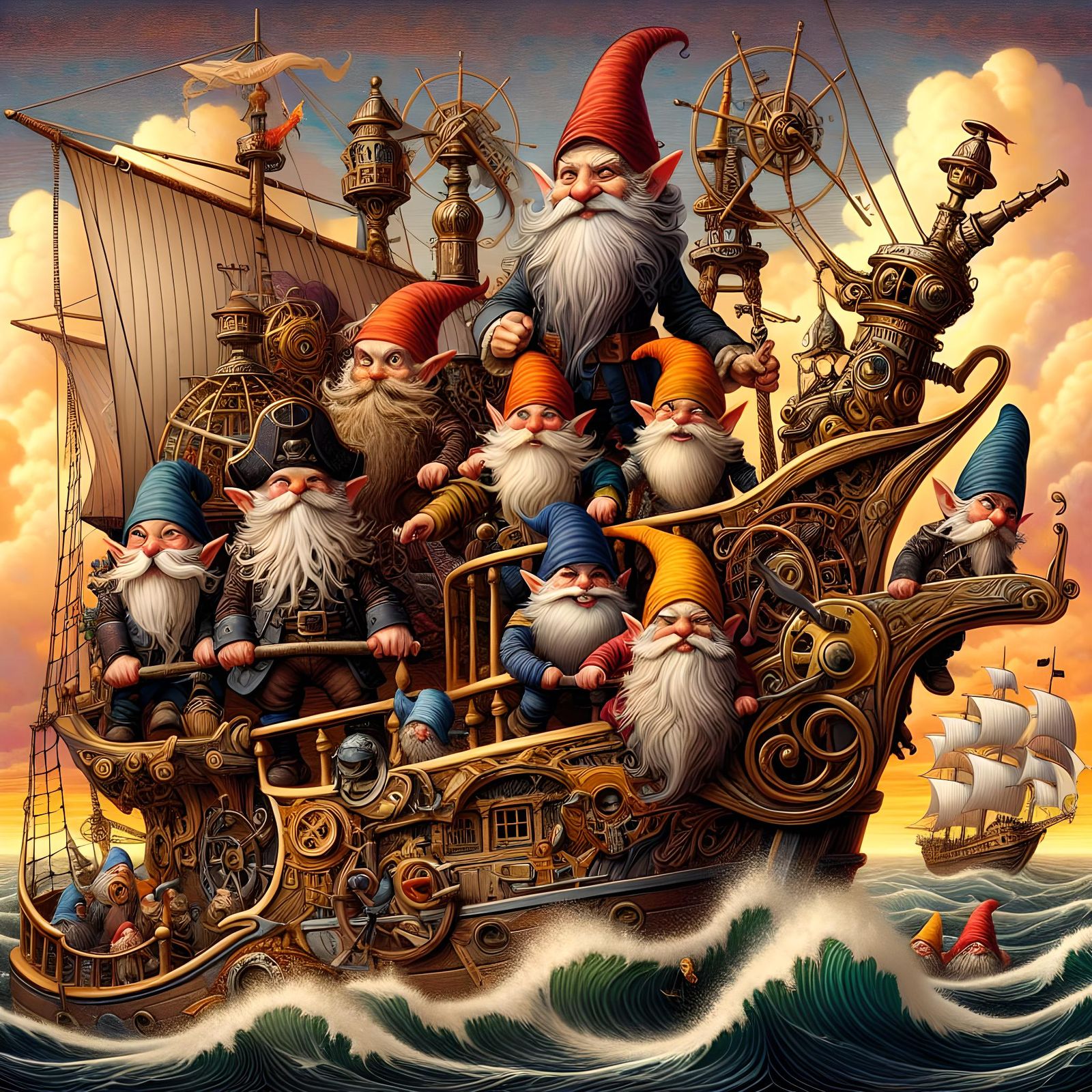 Gnome pirates, fantasy style of the late 19th, early 20th ce...