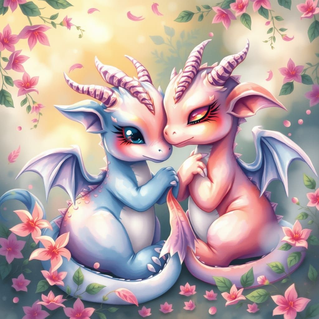 Watercolor Love Dragons in Ethereal Fantasy Setting