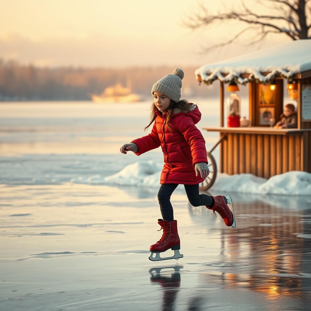 Girl Skating on Frozen Lake: Hyperrealistic Film Still