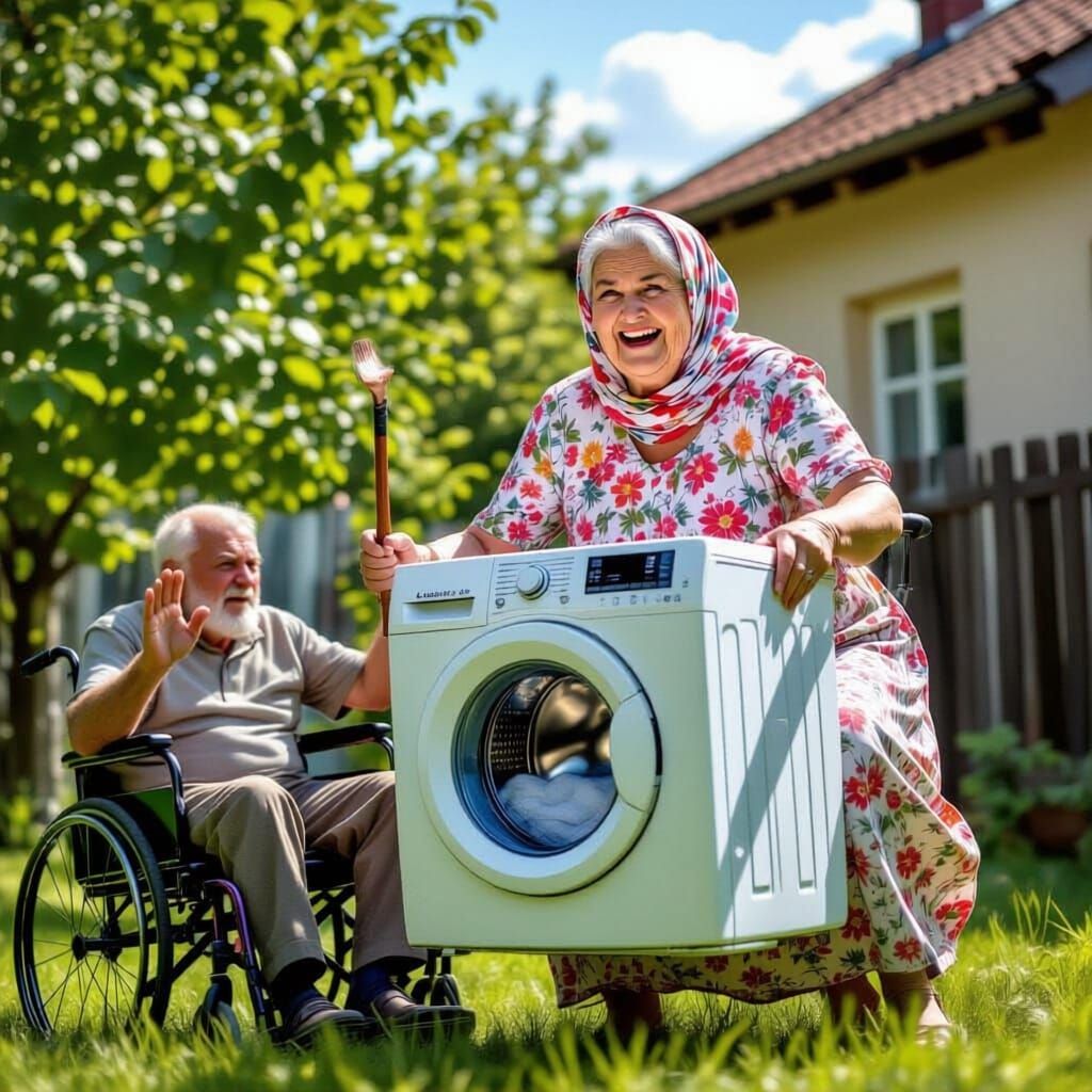 Elderly Woman Joyfully Rides Flying Washing Machine