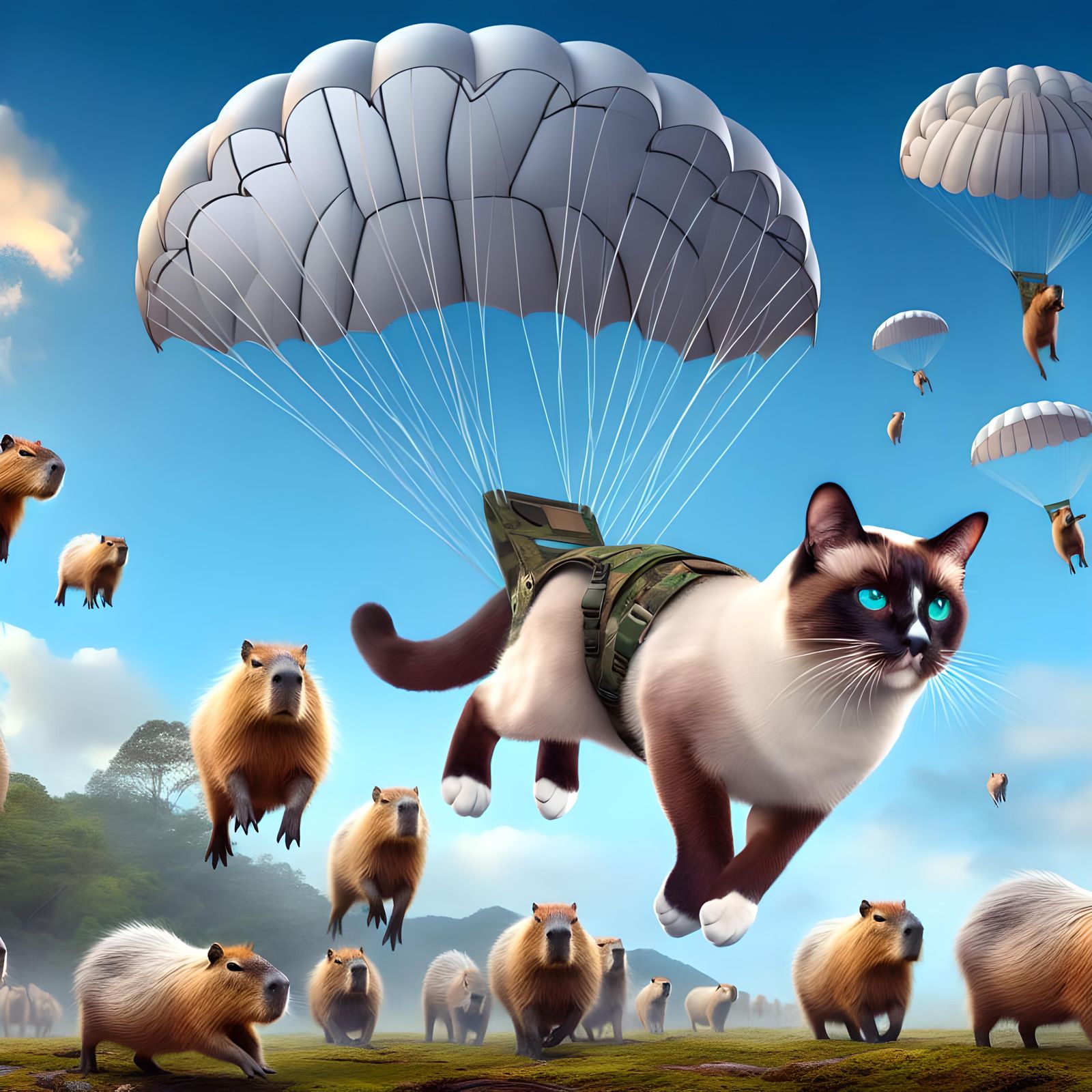 Siamese Cat Parachuting with Capybaras in Hyperrealistic 8K