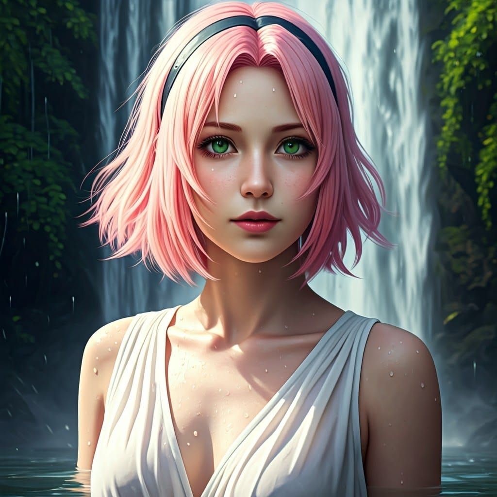 Sakura Haruno Under Waterfall: Hyperdetailed Digital Art