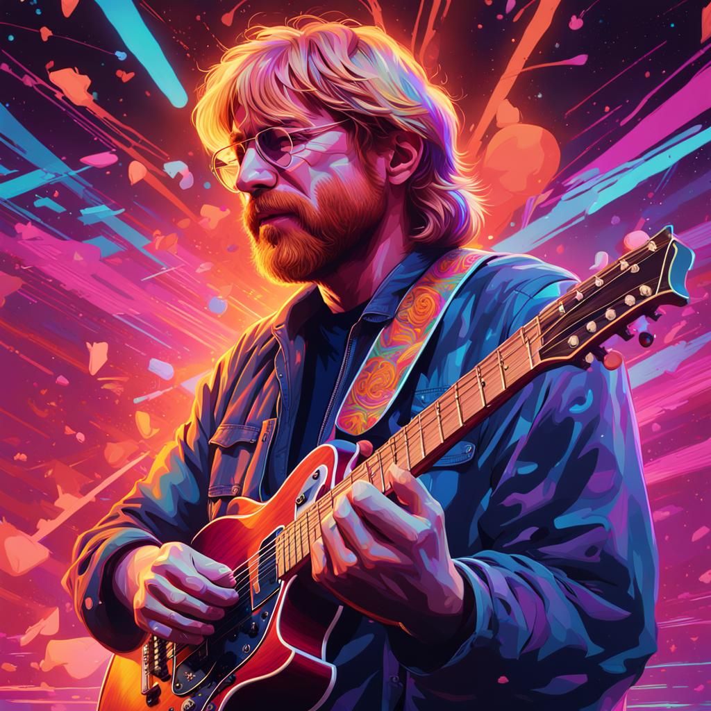 Synthwave Portrait of Guitarist in Neon Light