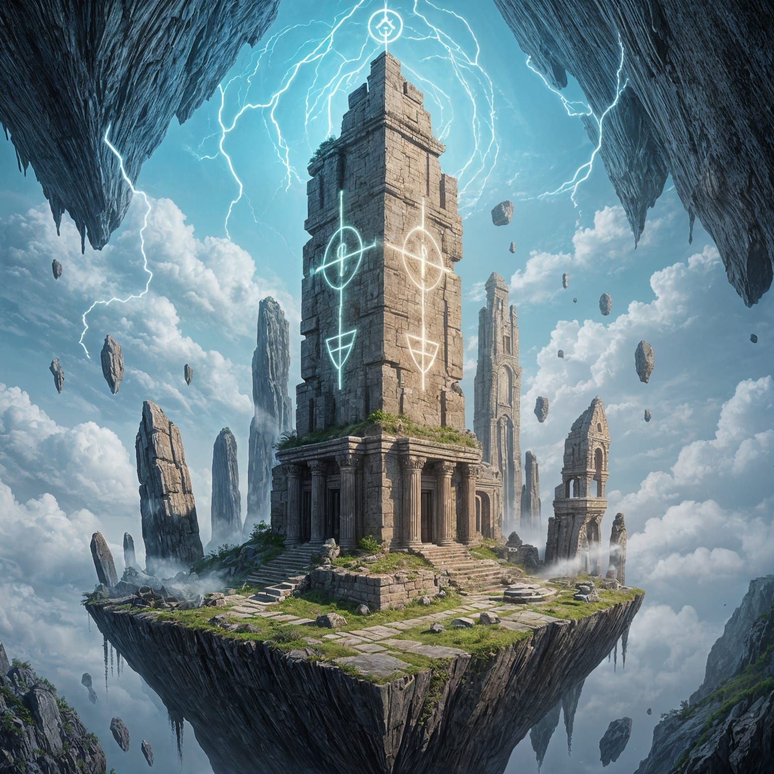 Ancient Ruin on Floating Island in Mystical Mist