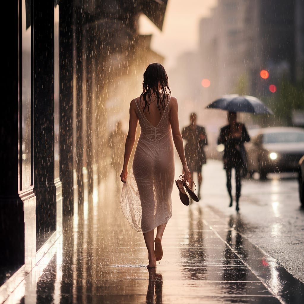 Woman Walking in Golden Hour Summer Rain