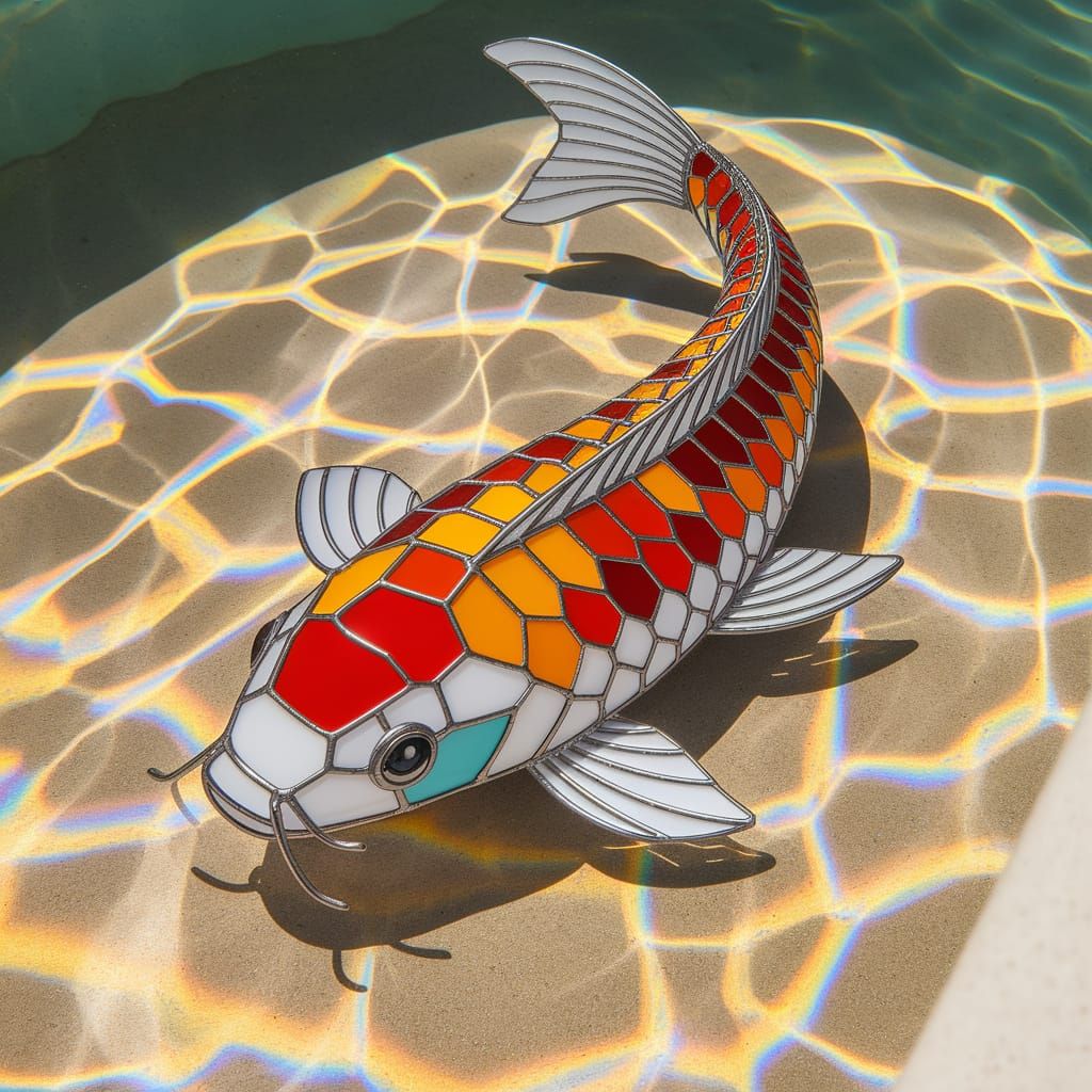 Stained Glass Koi Fish Swimming in a Pond