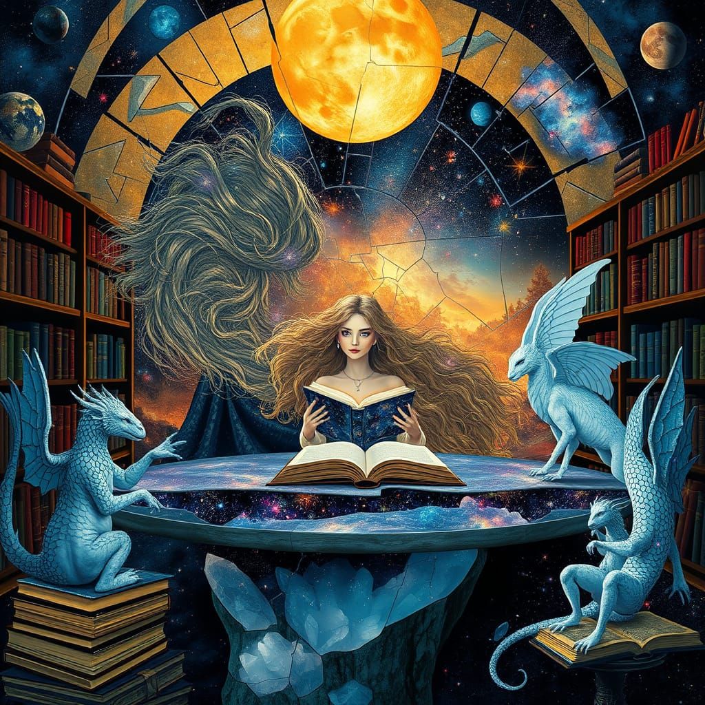 Celestial Library: Surreal Dreamscape in Vibrant Colors