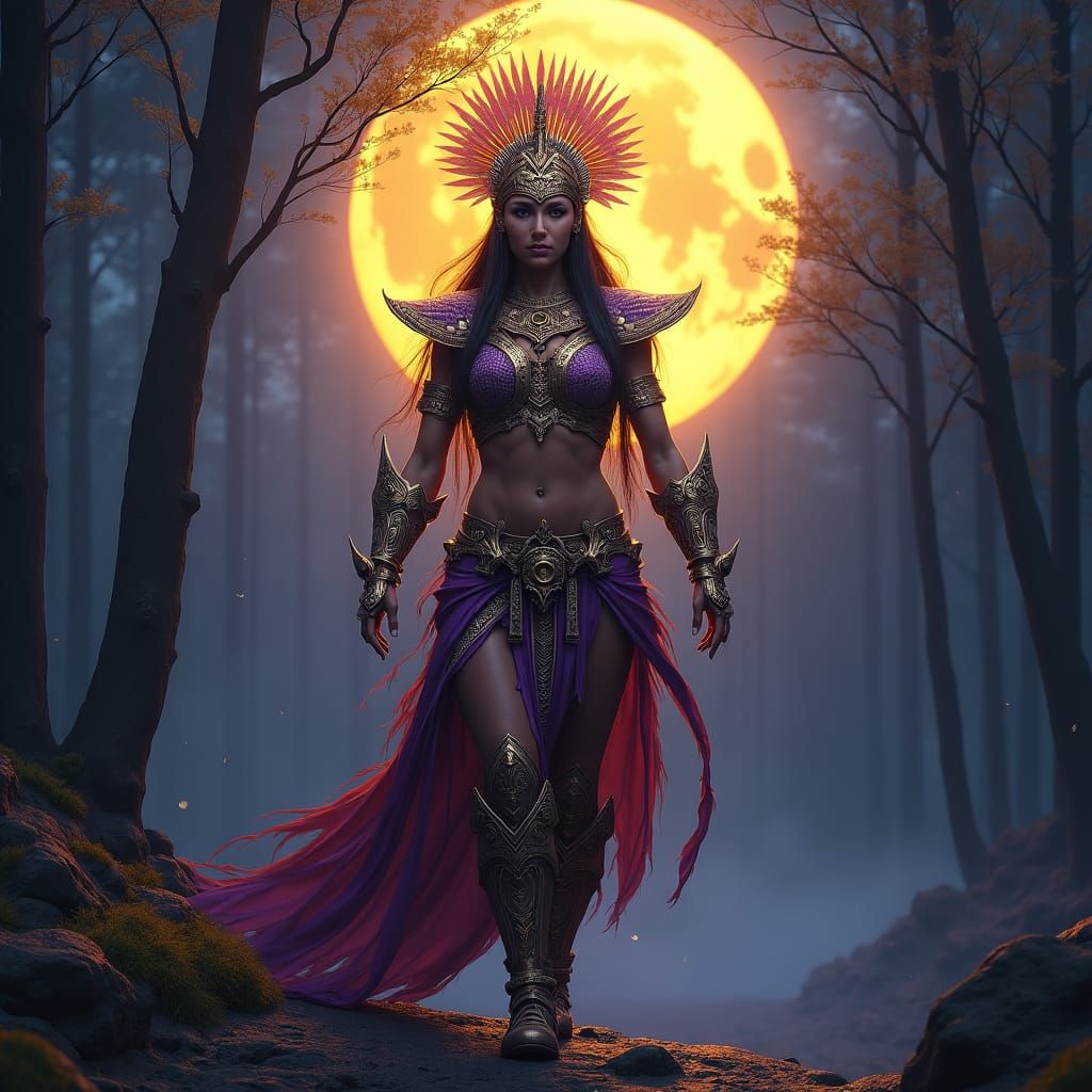 Indian Warrior Woman Under Moonlight in Dark Fantasy Style