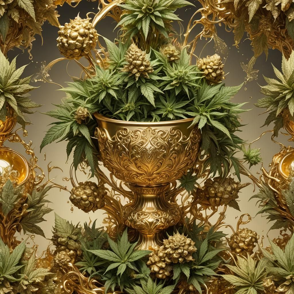 Golden Chalice with Cannabis Nugs: Digital Rendering