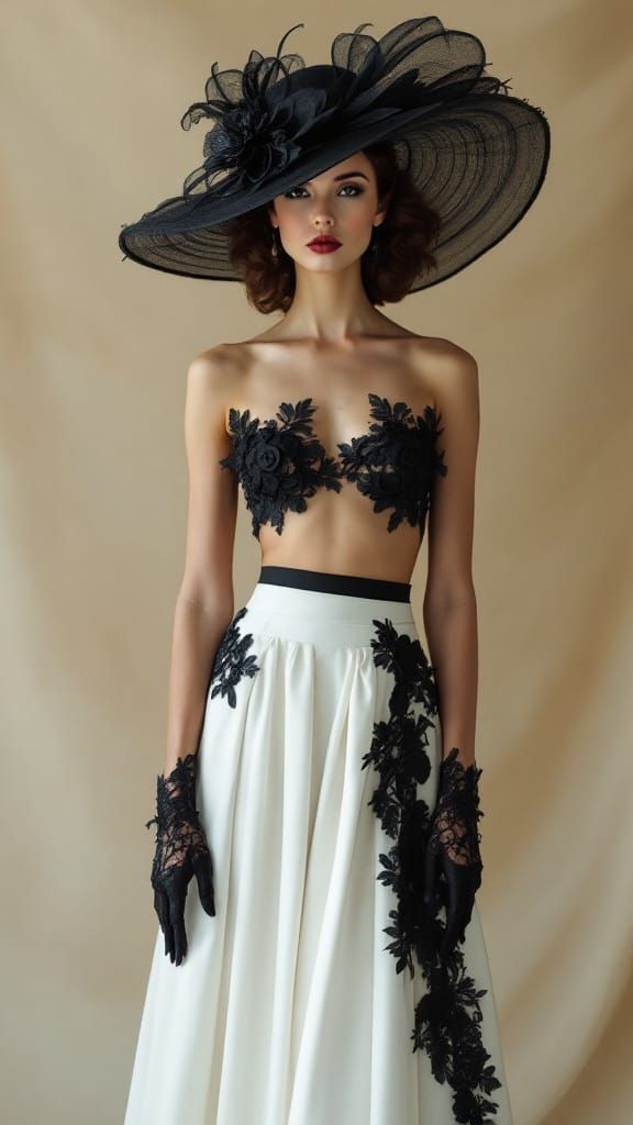 Elegant Woman in Wide-Brimmed Hat, Set Against Beige Backdro...