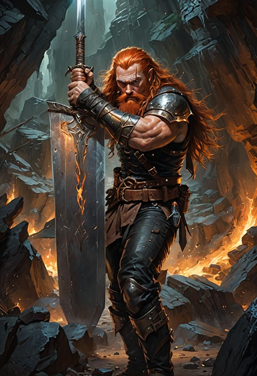 Muscular Dwarf Warrior with Sword in Glowing Cavern